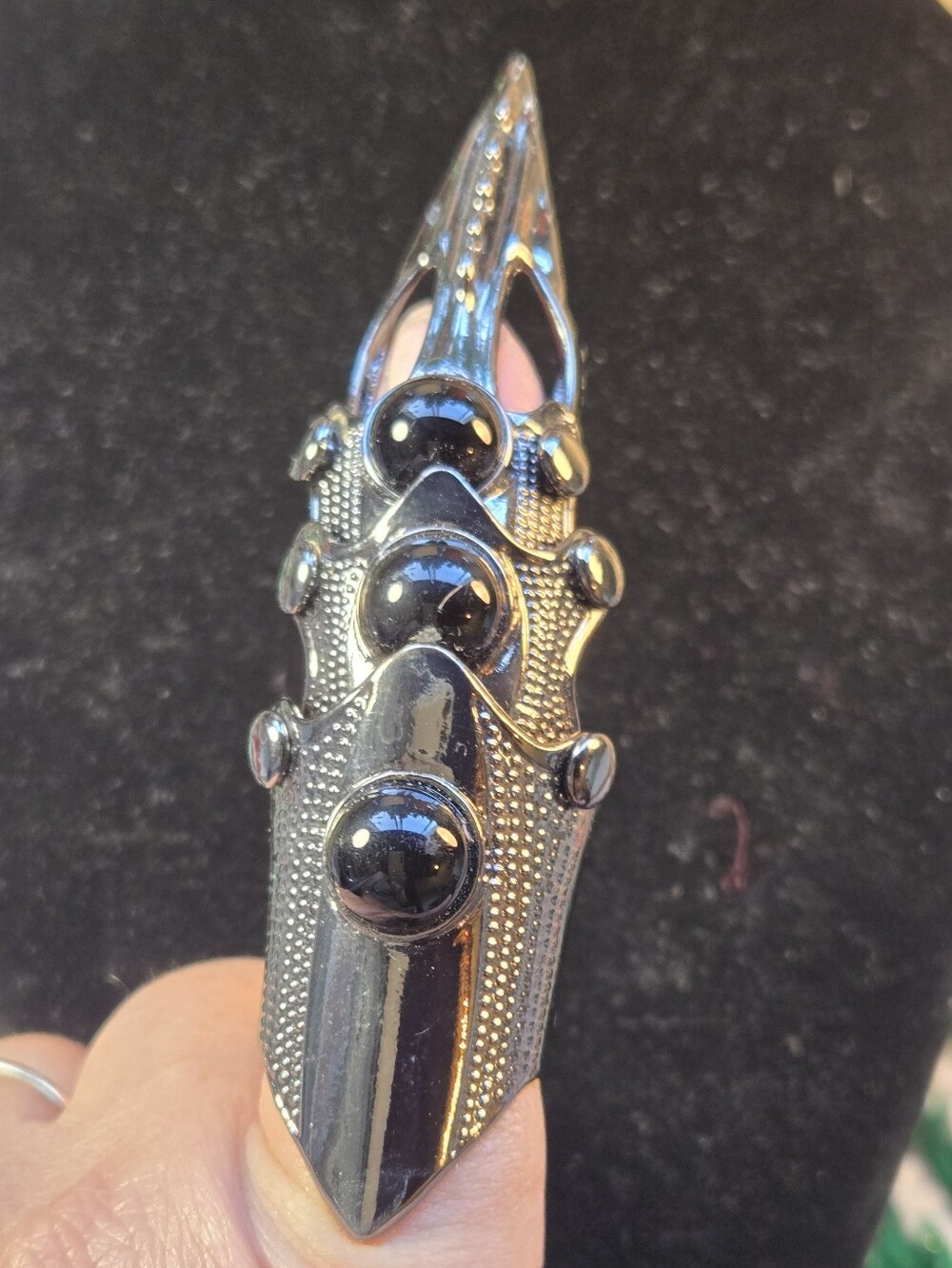 Gothic Silver Tone Finger Armor Ring with Black Cabochons